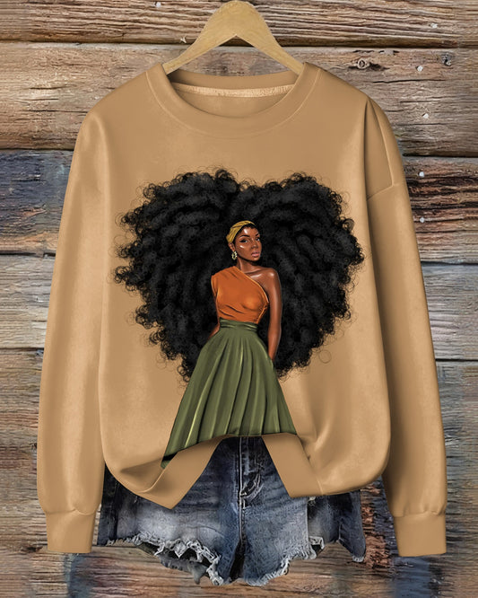 Afro Girl Illustration Crewneck Long Sleeve Sweatshirt