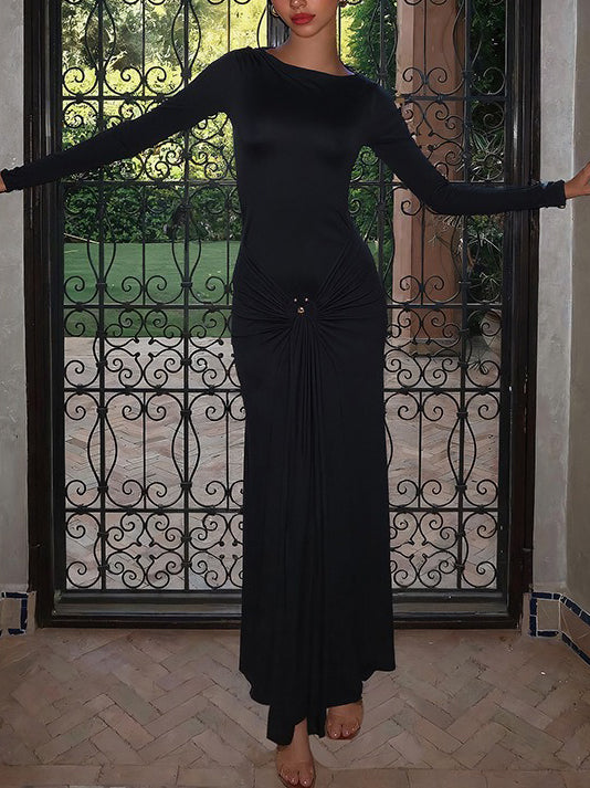 Long-sleeve Ruched Maxi Dress With Metallic Buckle