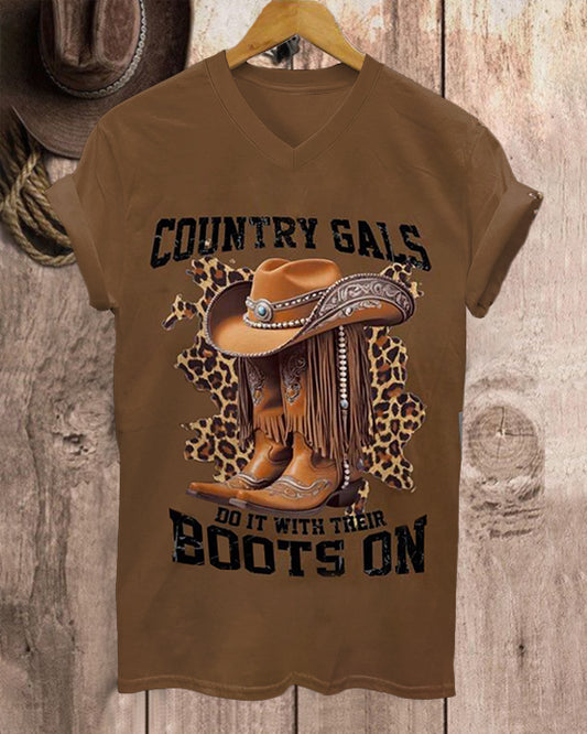 100% Cotton Cowgirl Boots On V-neck Short Sleeve Tshirt
