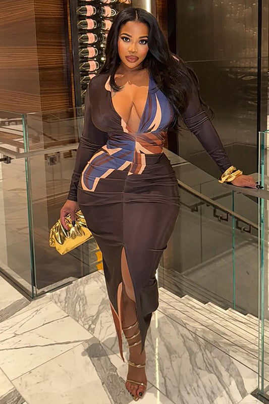 Floral Print Deep V Neck Long Sleeve Ruched Bodycon Slit Maxi Dresses-Brown