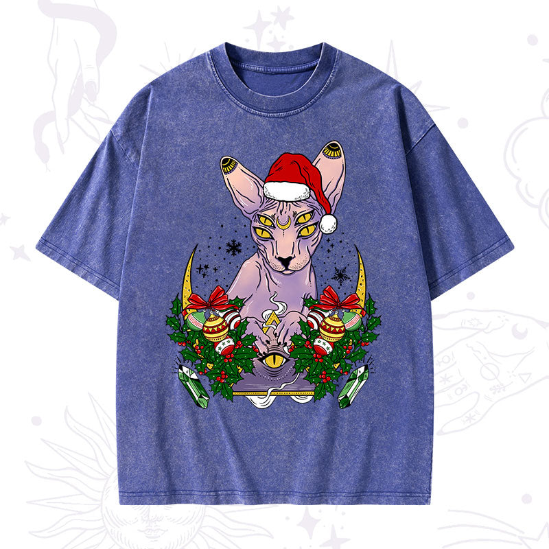 Christmas Moon Phase Cat Washed T-Shirt