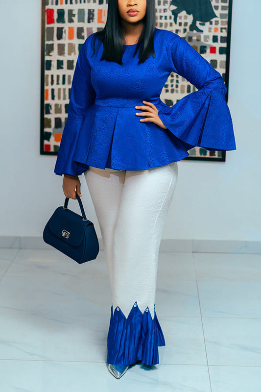 Elegant Bell-Sleeve Blouse & Tweed Wide-Leg Pants