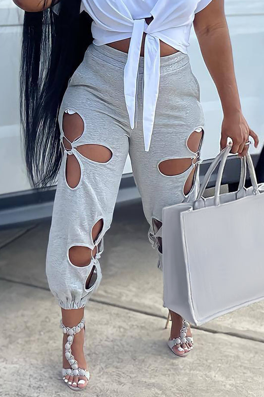 Cutout High Waist Solid Color Casual Jogger Pants-Grey