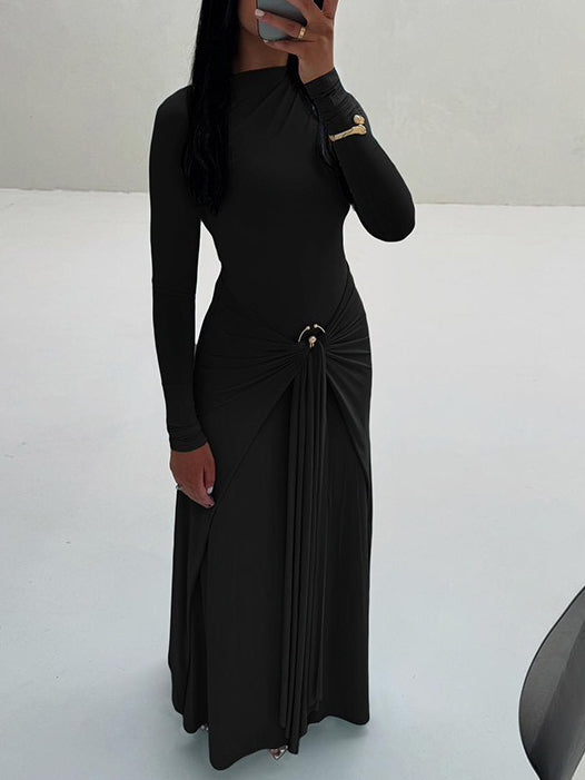 Long-sleeve Ruched Maxi Dress With Metallic Buckle