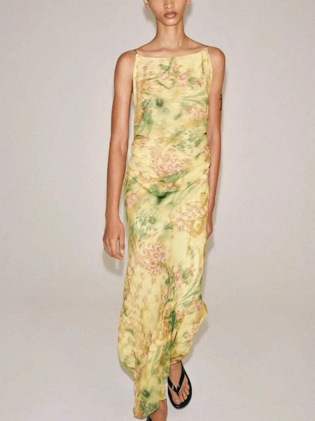 Yellow Abstract Floral Sheer Draped Maxi Dress