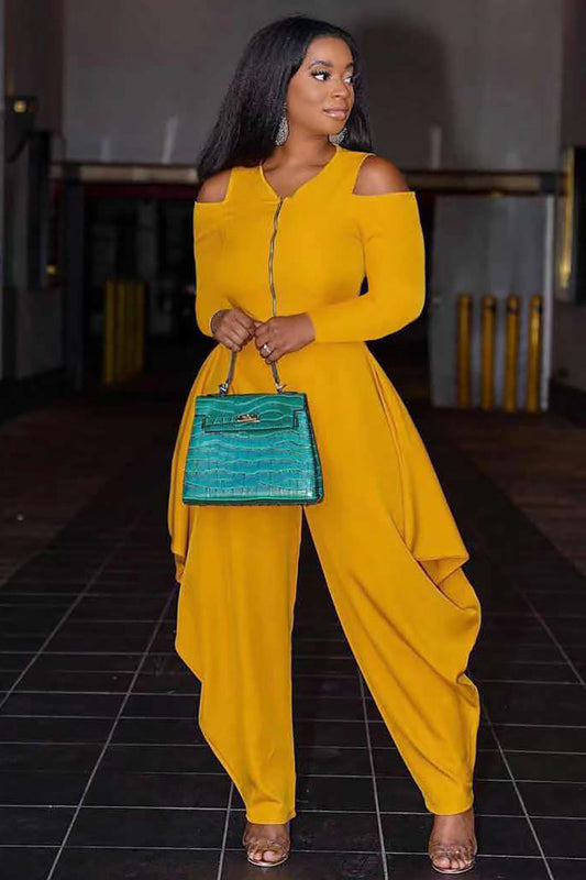 Cold Shoulder Half Zip Irregular Harem Casual Jumpsuit