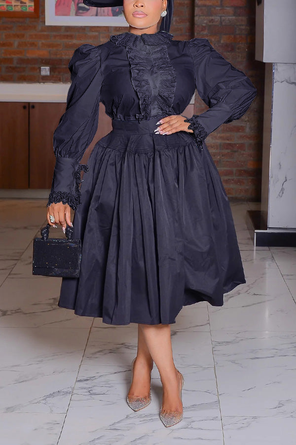 Elegant Contrast Lace Ruffle Hem Dress