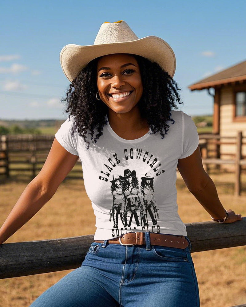 Black Cowgirl Social Club Crew Neck Short Sleeve Cotton T-shirt