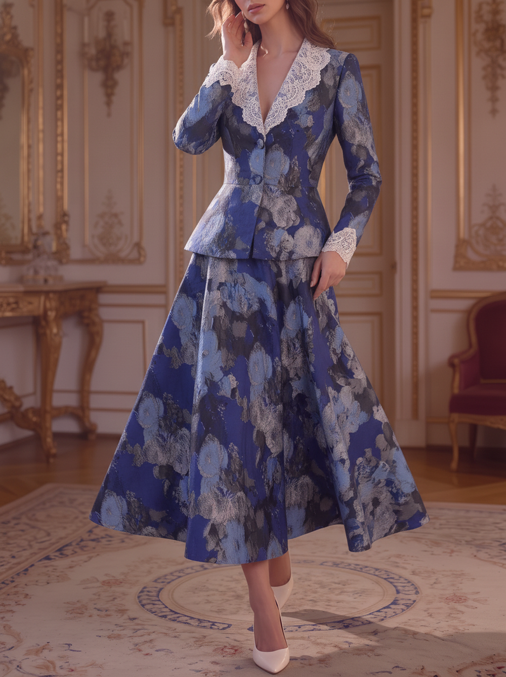 Blue Floral Lace Peplum Suit Set