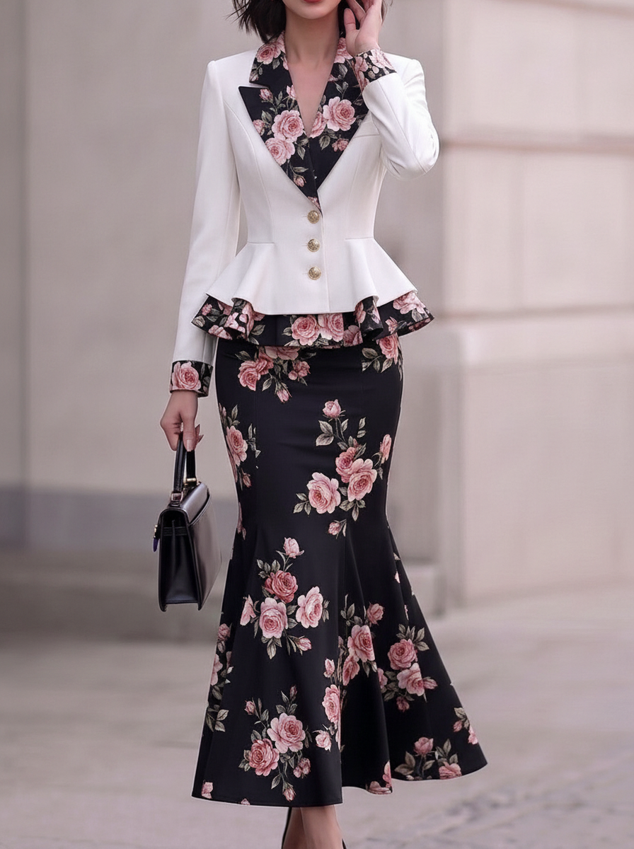 White Floral Lapel Peplum Two-Piece Set