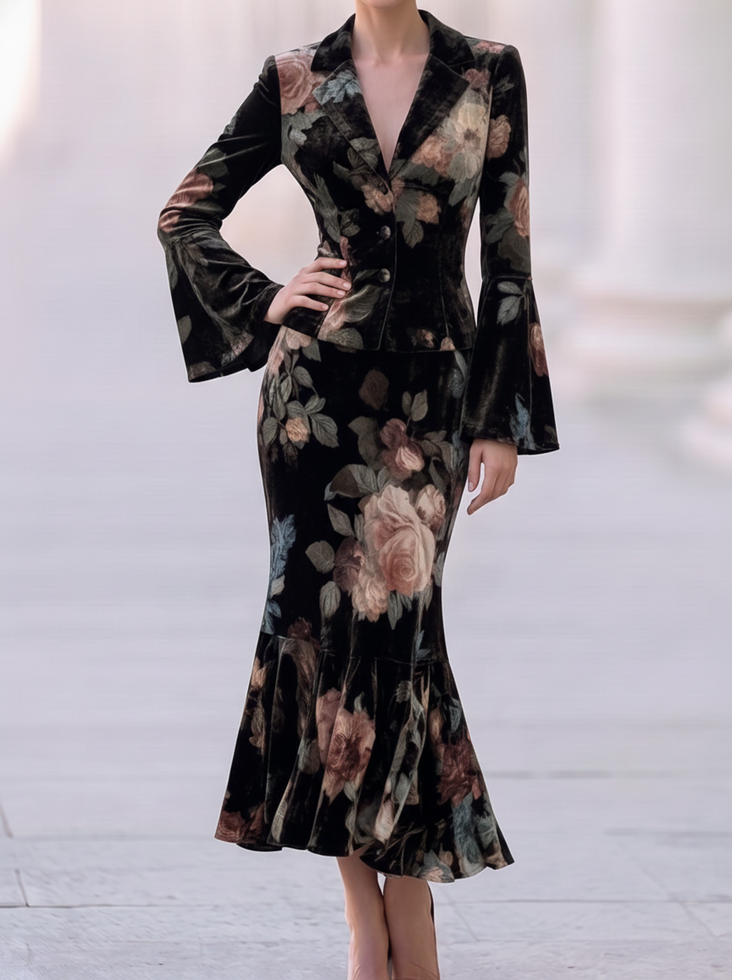 Black Velvet Floral Peplum Suit Set