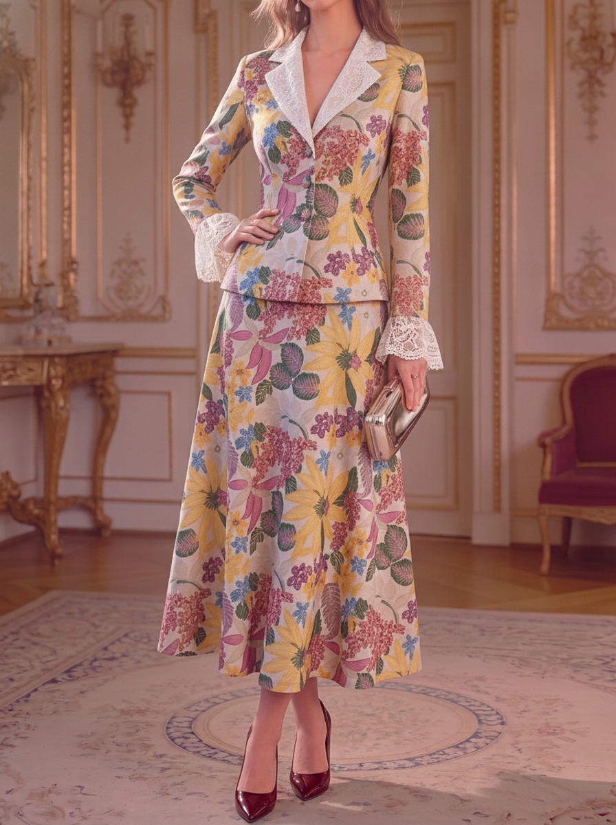 Yellow Floral Lace Peplum Suit Set