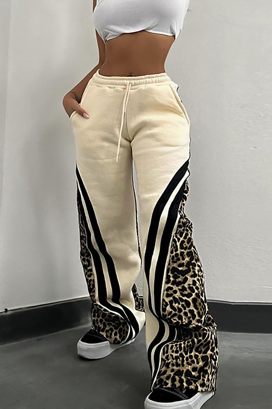 Leopard Print Striped Wide Leg Casual Pants-Beige