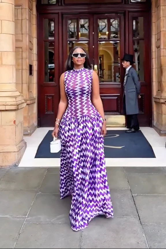 Purple Zigzag Print Maxi Dress