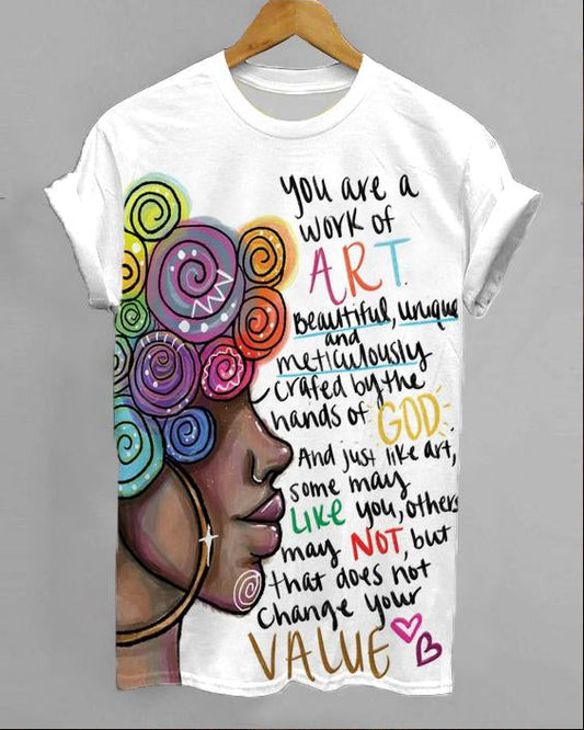 Black Afro Girl Slogan Personalized Printed Crew Neck Short Sleeve T-shirt