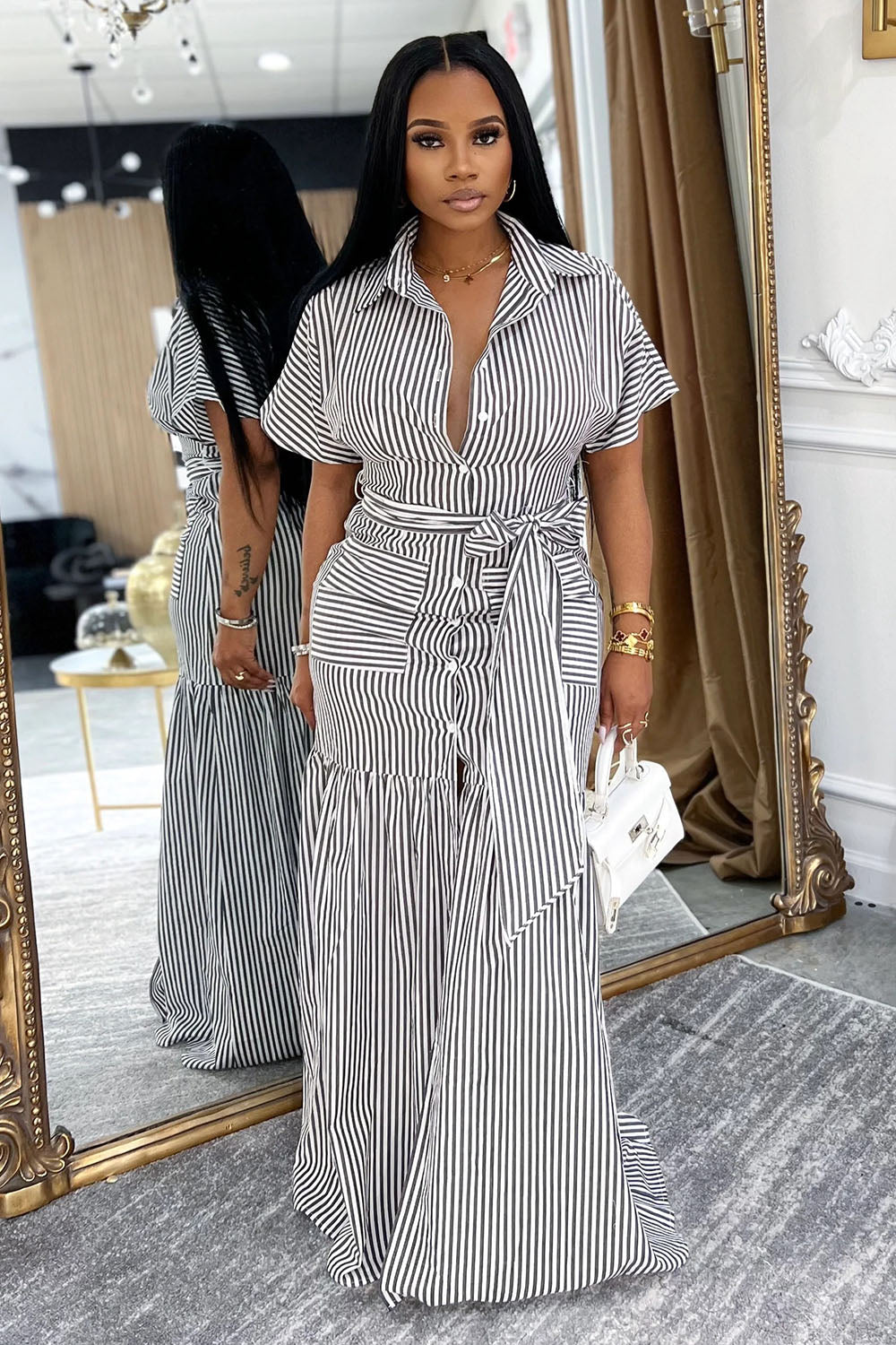 Pinstripe Short Sleeve Quilted Vacation Maxi Shirt Dresses-Black [Pre Order]