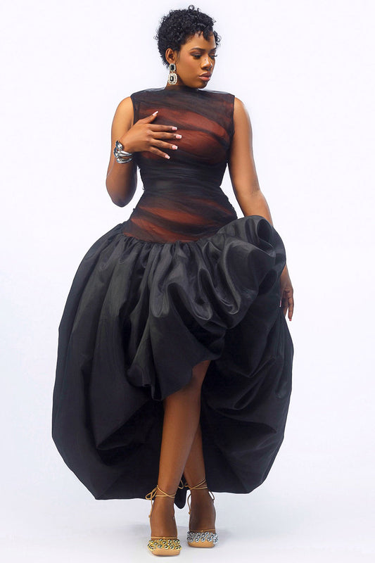 Print Patchwork Sleeveless Party Maxi Bubble Mullet Dresses-Black [Pre Order]