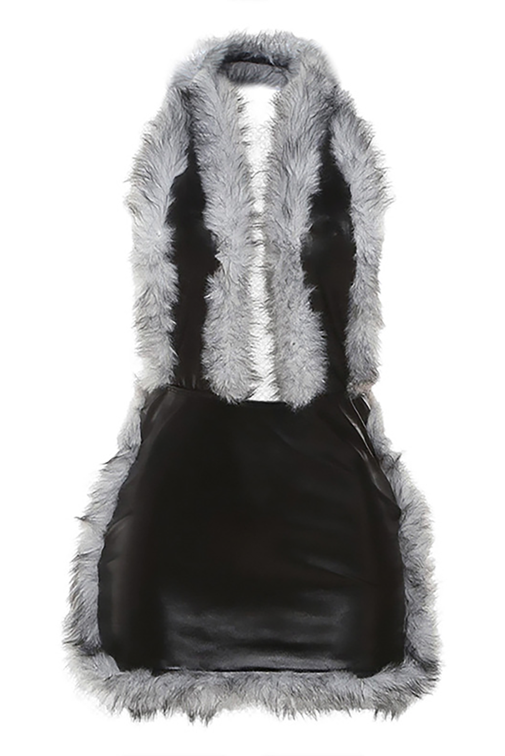 Furry Trim Deep V Neck Halter Faux Leather Bodycon Mini Dresses-Black