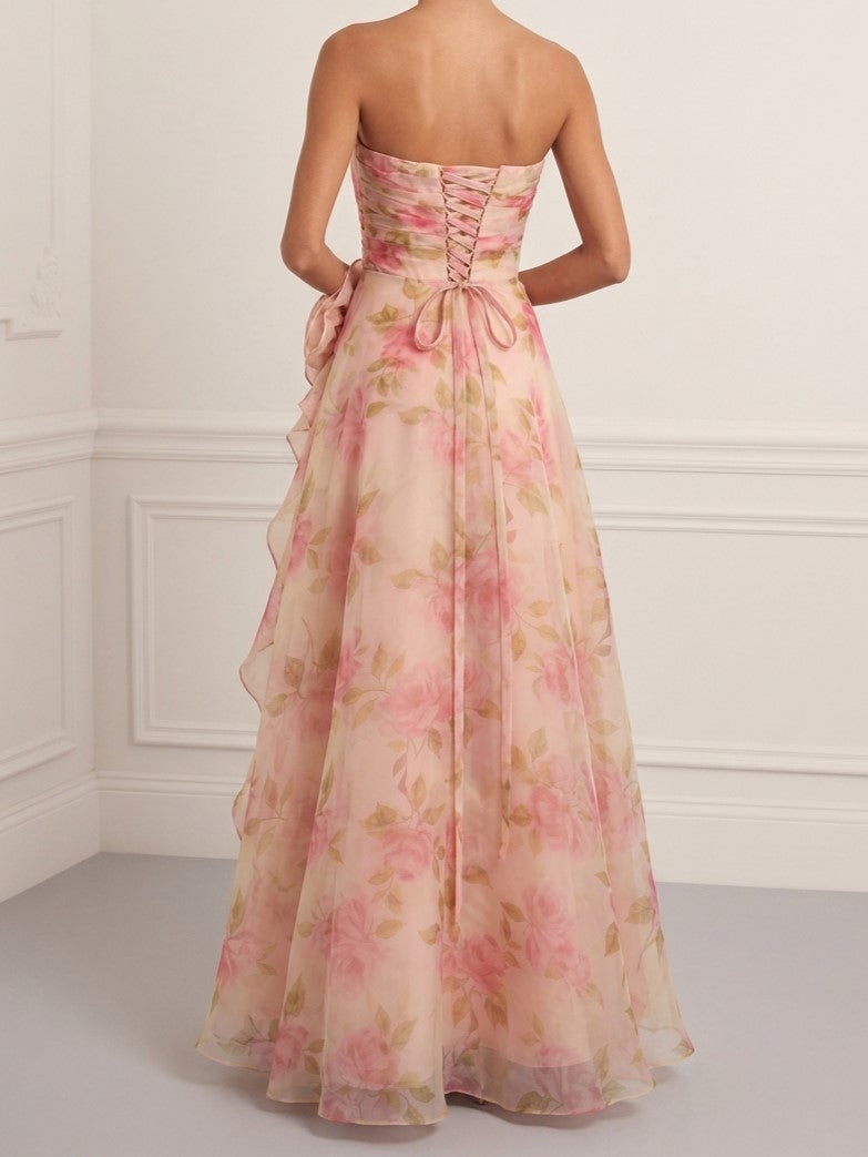 Peach Floral Strapless Ruffle Maxi Dress