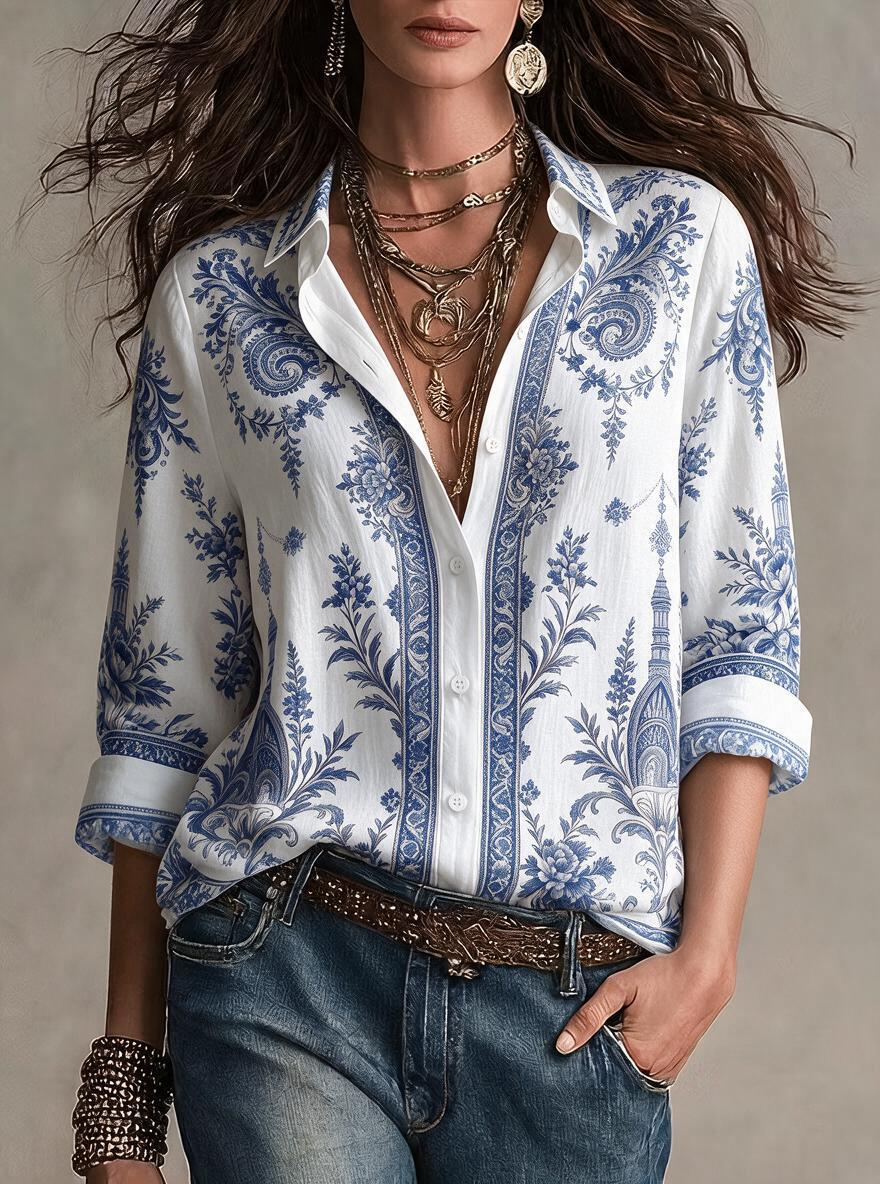 Blue Floral Paisley Print Linen Shirt