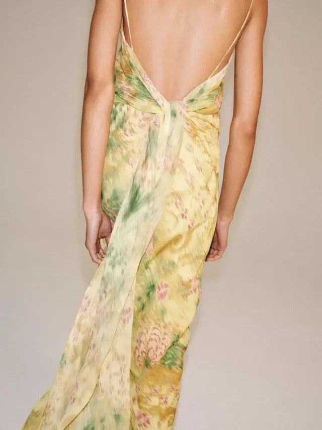 Yellow Abstract Floral Sheer Draped Maxi Dress