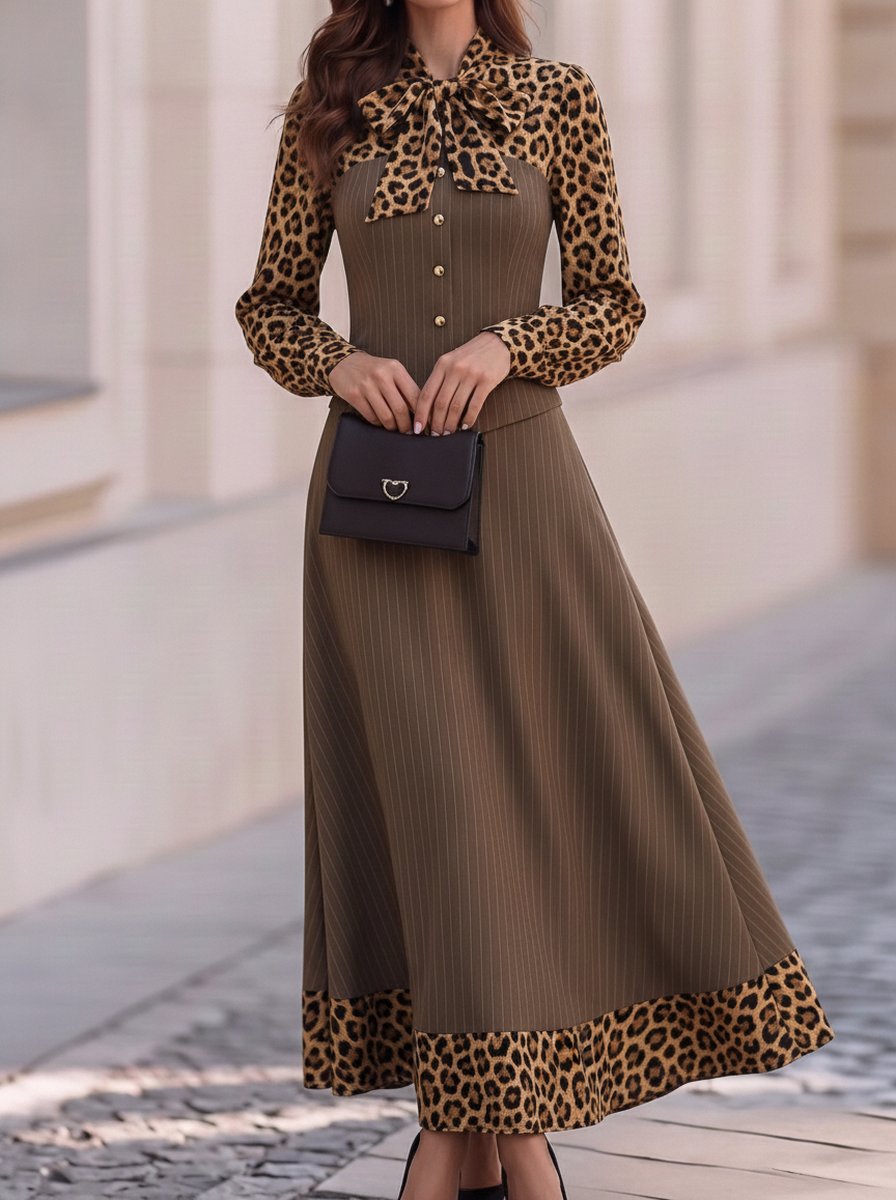 Brown Leopard Bow Pinstripe Dress