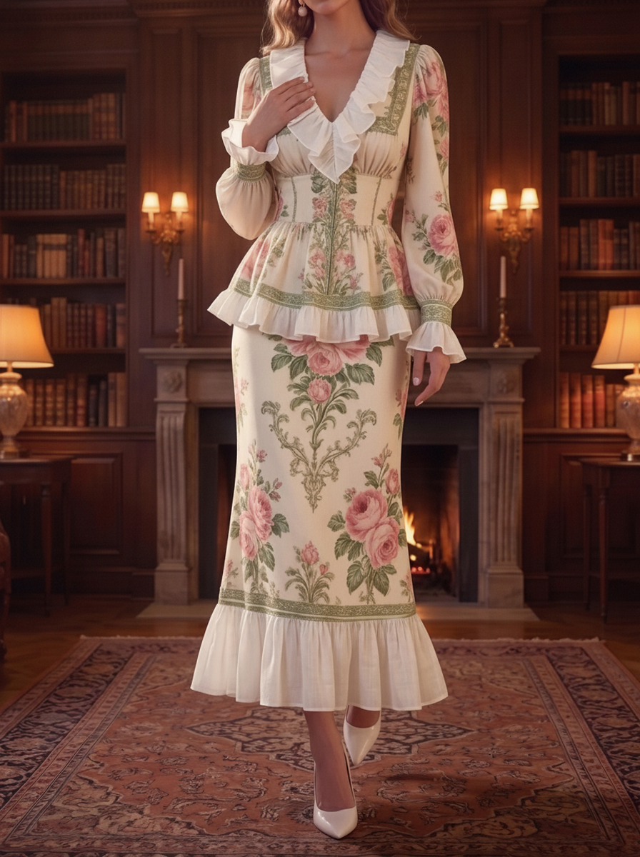 Cream Pink Floral Ruffle Two-Piece Set