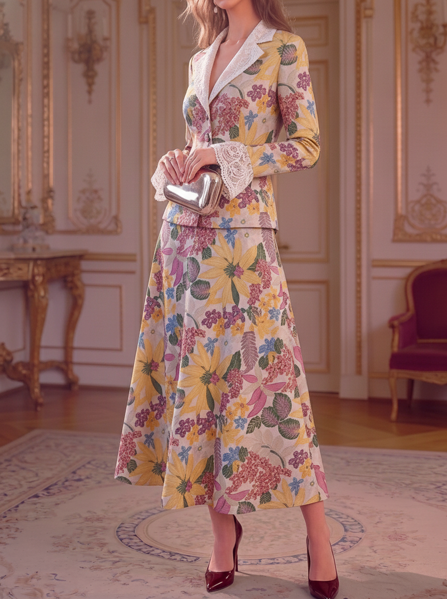 Yellow Floral Lace Peplum Suit Set