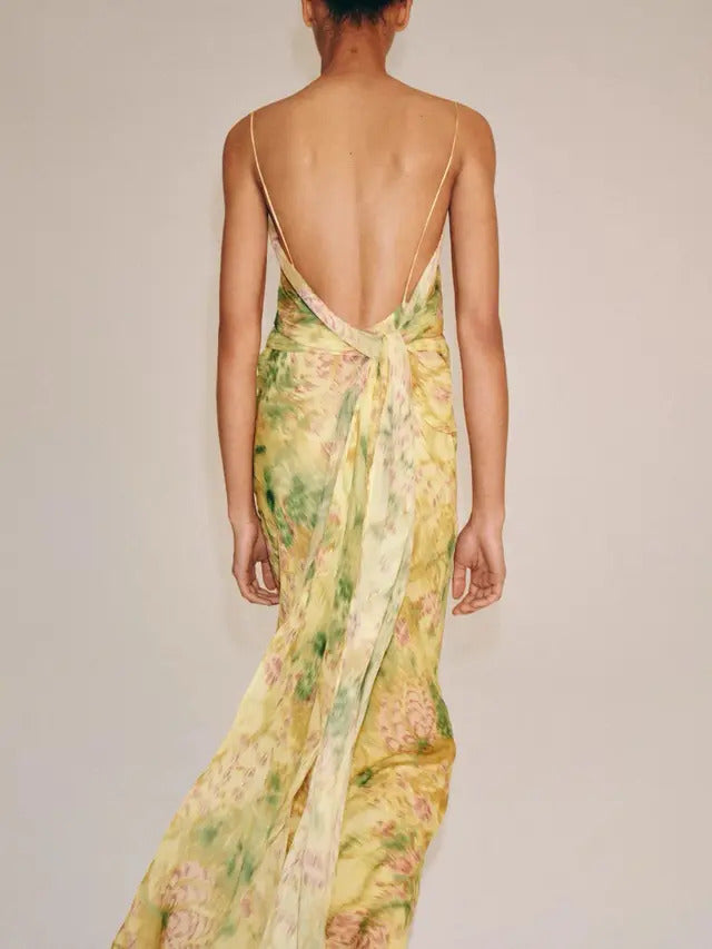 Yellow Abstract Floral Sheer Draped Maxi Dress