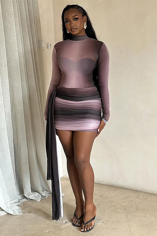 Gradient Color Semi-Sheer Ruched Bodycon Side Sash Mini Dresses-LightPurple