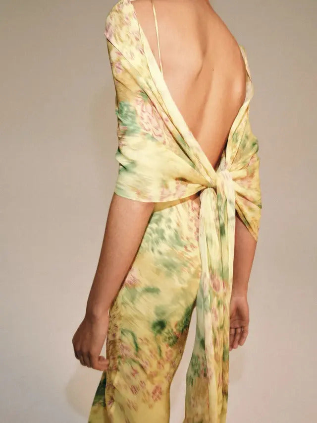 Yellow Abstract Floral Sheer Draped Maxi Dress