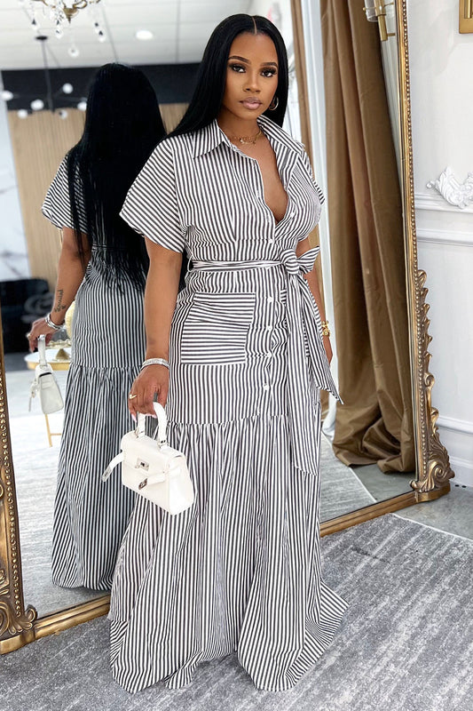 Pinstripe Short Sleeve Quilted Vacation Maxi Shirt Dresses-Black [Pre Order]