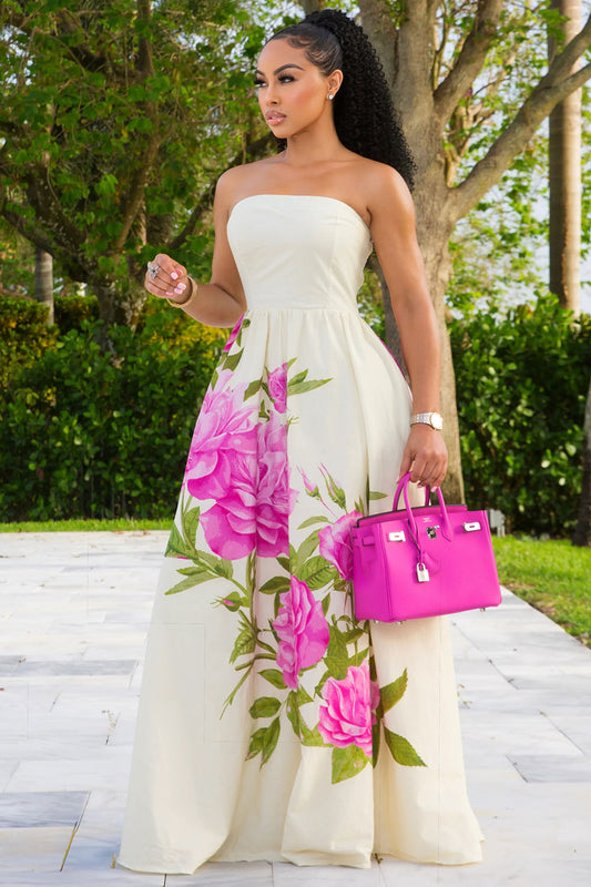 Floral Placement Print Strapless Party Maxi Dresses-Beige [Pre Order]