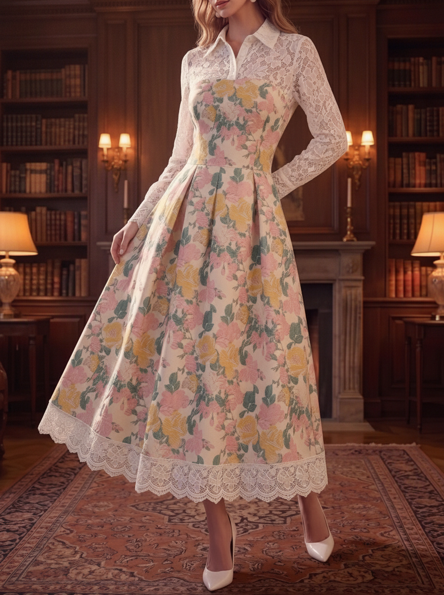 Cream Floral Lace Collar Midi Dress