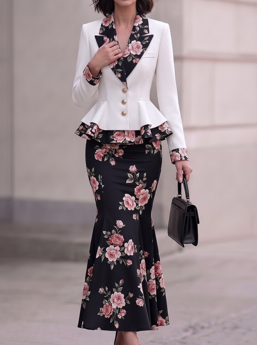 White Floral Lapel Peplum Two-Piece Set