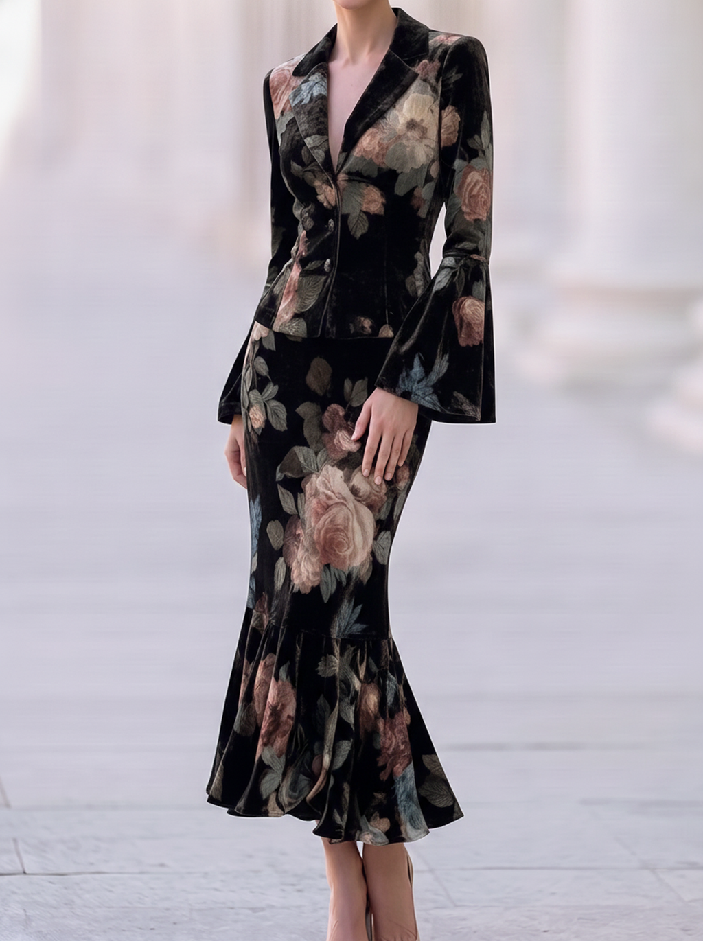 Black Velvet Floral Peplum Suit Set