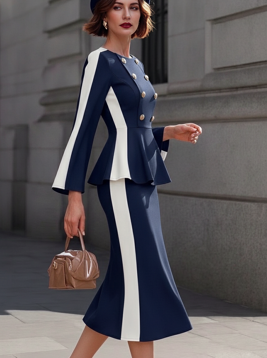 Navy White Double-Breasted Peplum Dress