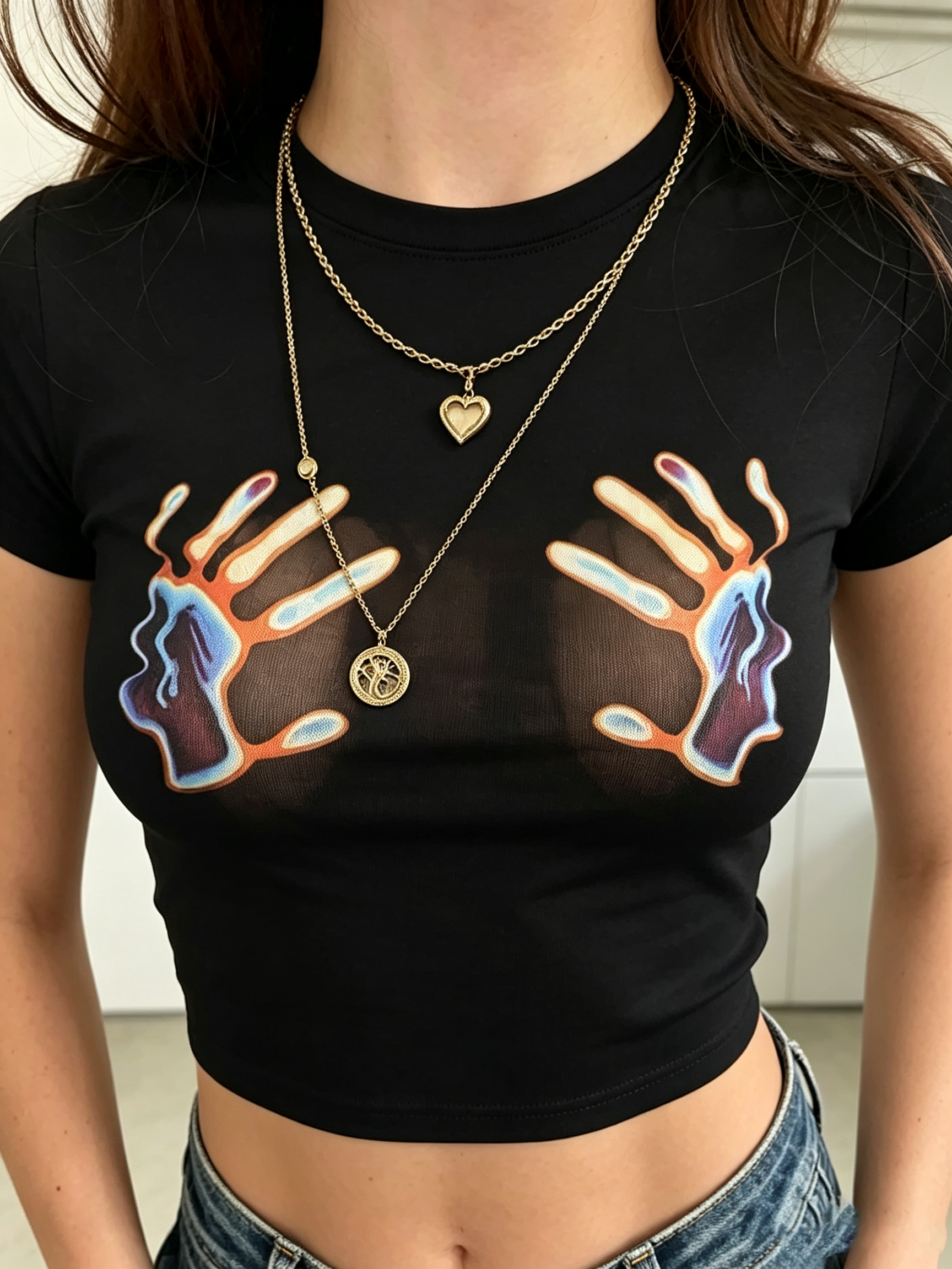Black Y2K Holographic Hand Print Baby Tee