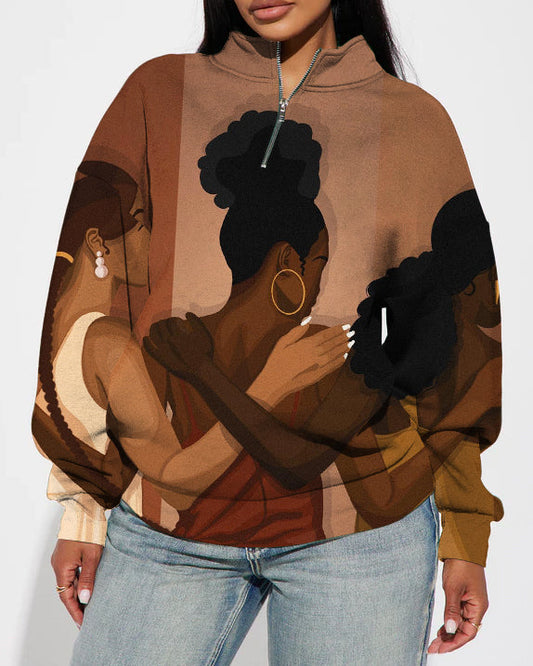 Black Girls Shoulder To Shoulder Stand Collar Zip Up Long Sleeve Sweatshirt