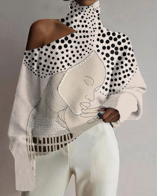 Art Colorblock Polka Dot Black Print Hollow Neck Top