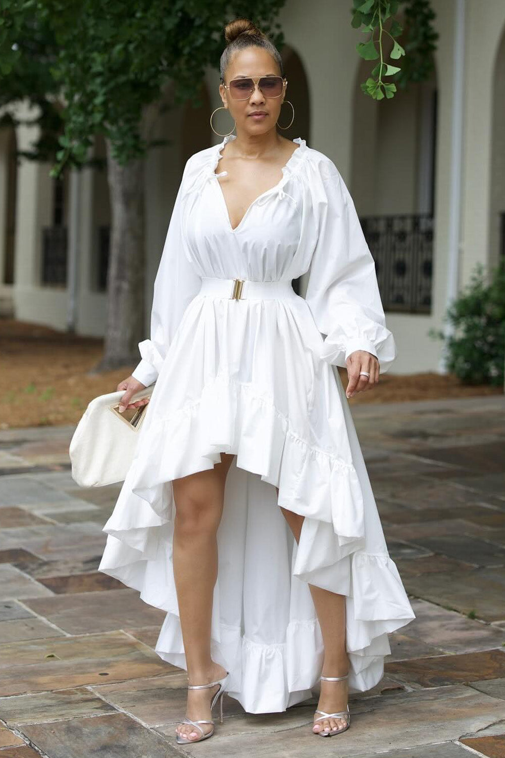 Lantern Sleeve Ruffle Trim Oversize Maxi Mullet Dresses-White [Pre Order]
