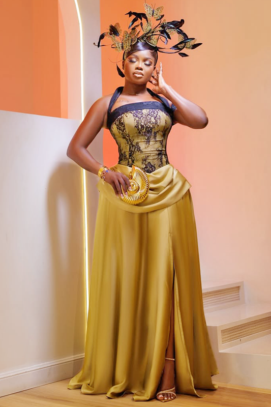 Guipure Lace Satin Patchwork Slit Party Halter Maxi Dresses-Gold [Pre Order]