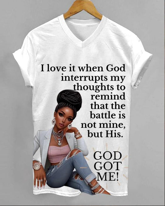 Christian Faith V-Neck Short Sleeve T-Shirt – “The Battle Is Not Mine” Graphic Tee for Women