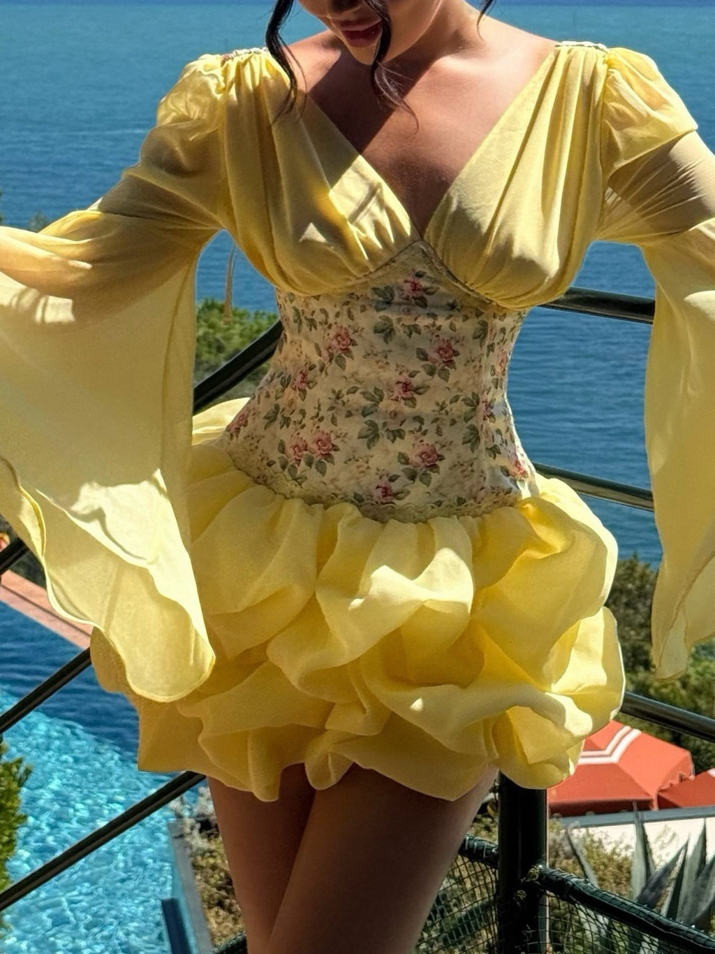 Yellow Floral Corset Ruffle Mini Dress