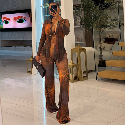 Women's Leopard Print Printed Mesh Lapel Long Sleeve Button Cardigan Flared Pants Two Piece Suit