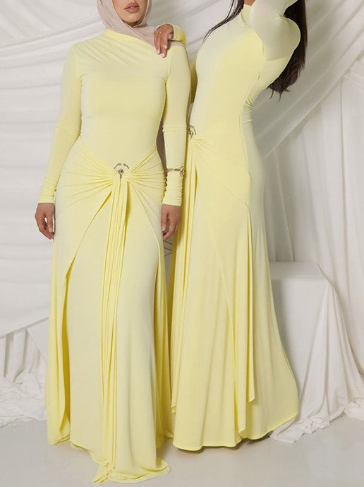 Long-sleeve Ruched Maxi Dress With Metallic Buckle
