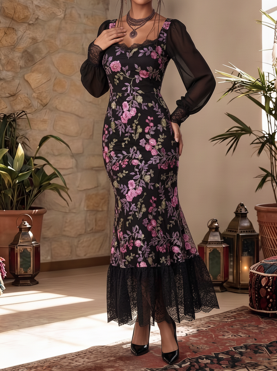 Black Floral Sheer Sleeve Mermaid Dress