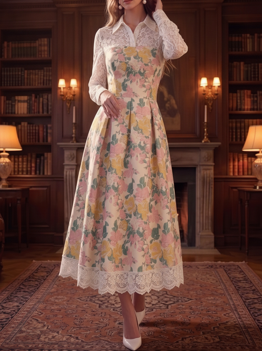 Cream Floral Lace Collar Midi Dress