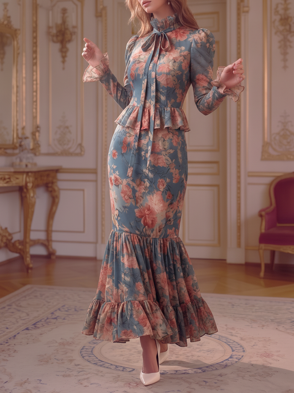 Blue Floral High Neck Ruffle Dress
