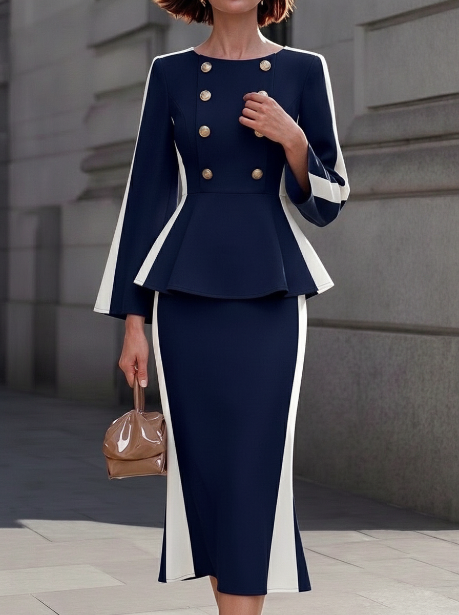 Navy White Double-Breasted Peplum Dress